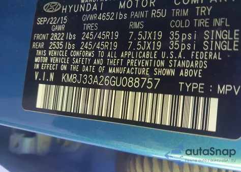 2016 Hyundai Tucson Sport из США, поврежденный, VIN KM8J33A26GU088757